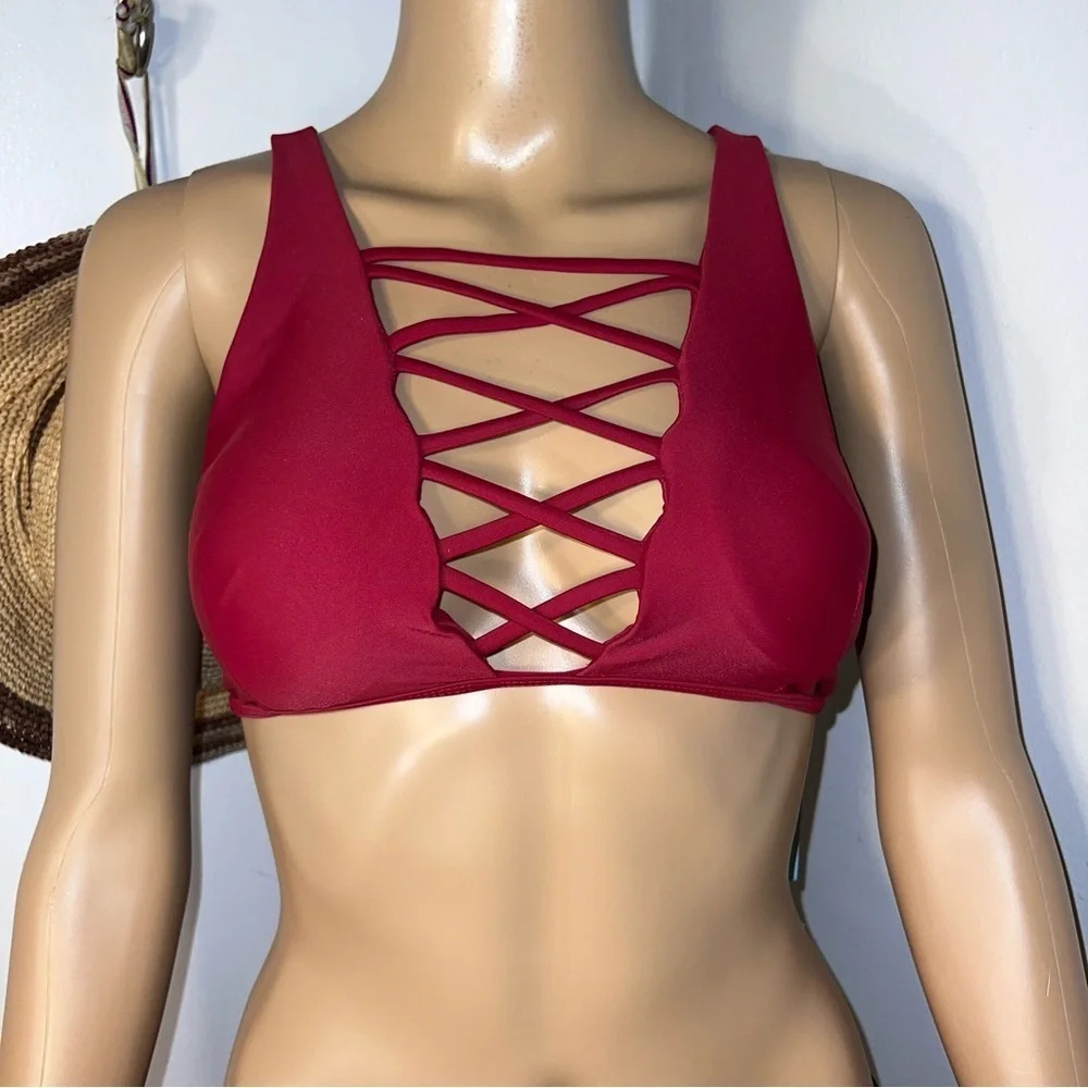 Cupshe, S,NWT, burgundy, string, crisscross yolk wide strap pullover‎ bikini top